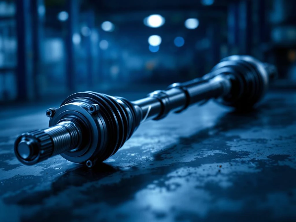 Automotive aandrijfas met CV-gewrichten en rubberen hoezen tegen industriële achtergrond, professionele studiolighting