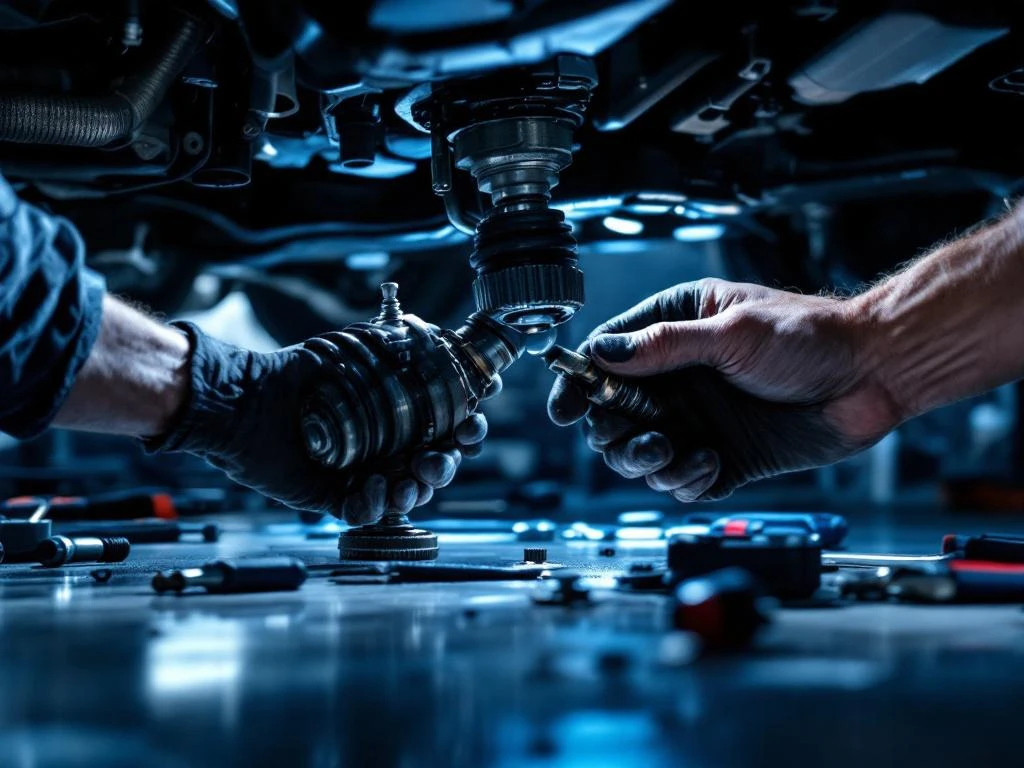 Monteur inspecteert CV-gewricht en aandrijfas onder auto met professioneel gereedschap in werkplaats