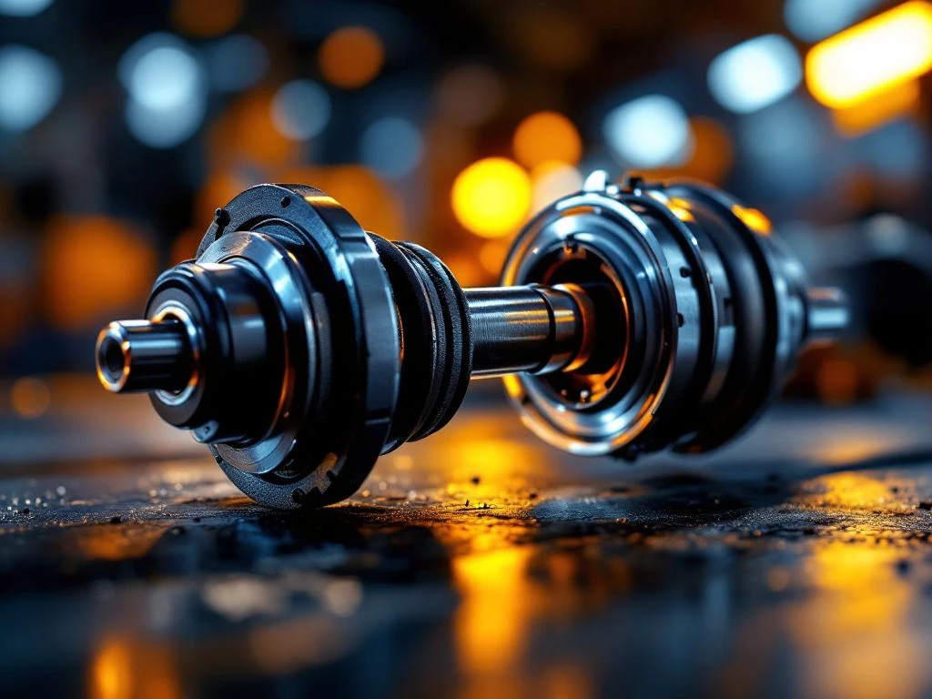 Gedemonteerde CV-gewricht en aandrijfas met slijtageschade in autowerkplaats, nieuwe en versleten onderdelen zij aan zij