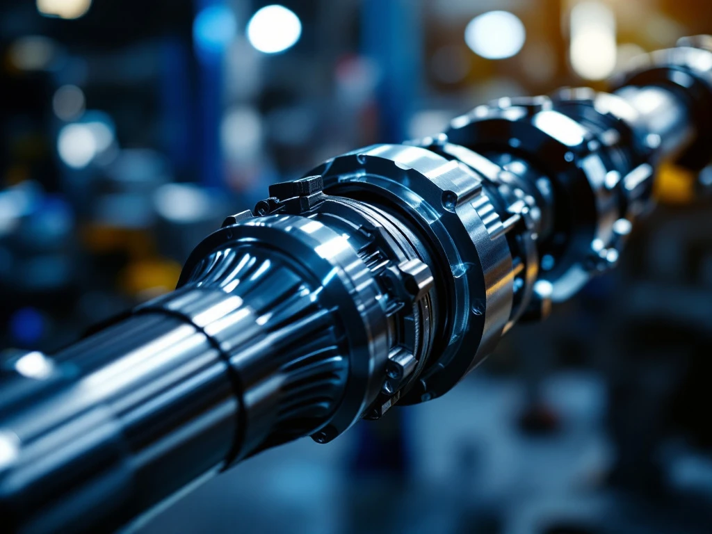 Automotive aandrijfas met splines en verbindingen in close-up, diagonaal gepositioneerd met industriële verlichting