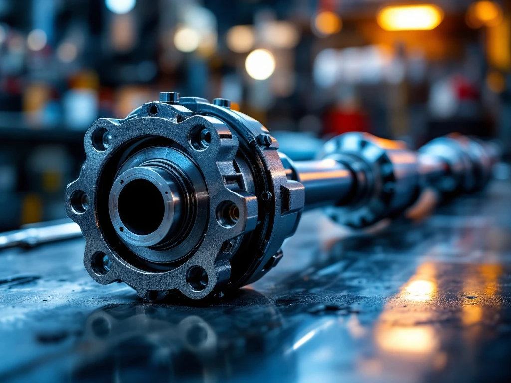 Automotive driveshaft component met precisie-bewerkte groeven op werkbank met gereedschap in professionele werkplaats