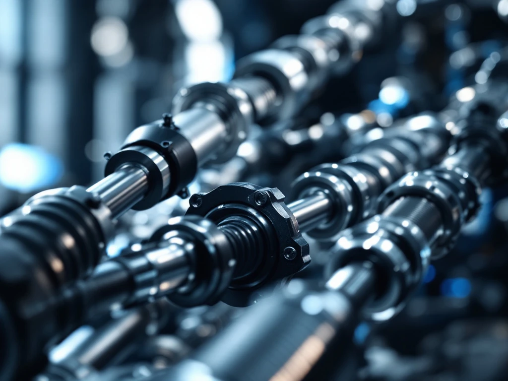 Automotive aandrijfassen in verschillende afwerkingen gerangschikt diagonaal tegen industriële achtergrond