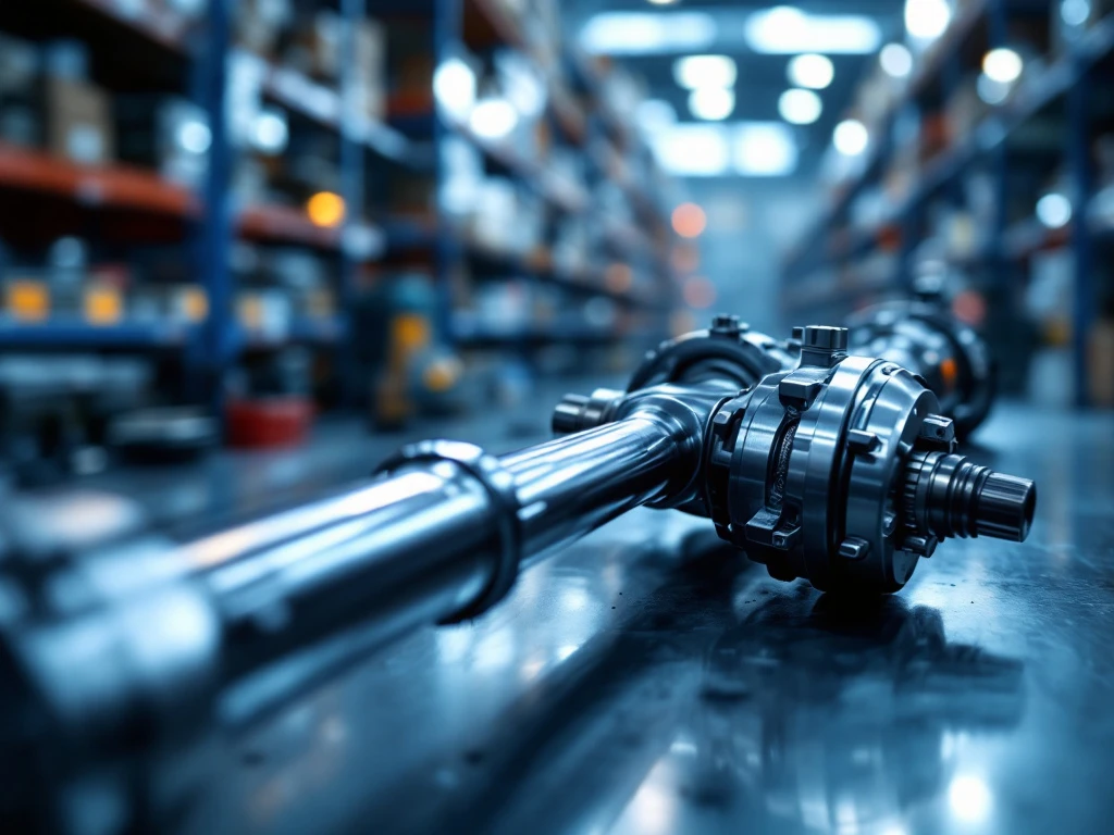 Automotive drijfas met CV-verbindingen op industriële werkbank met auto-onderdelen op achtergrond