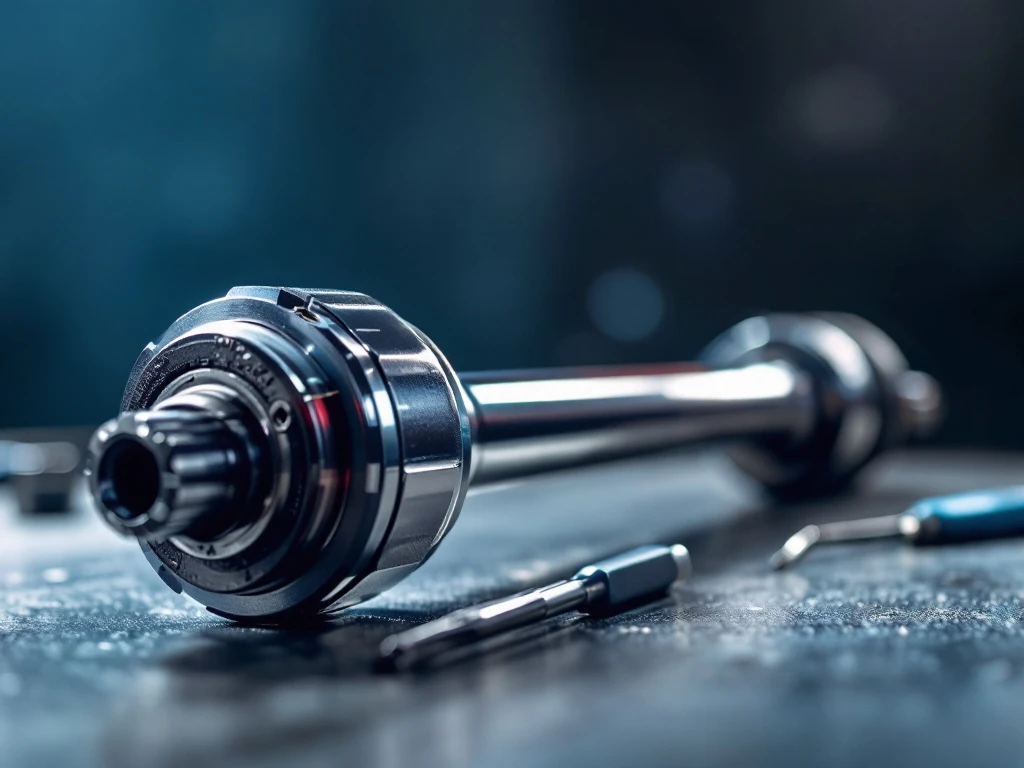 Chromen aandrijfas component op werkbank met gereedschap in professionele garage met dramatische verlichting