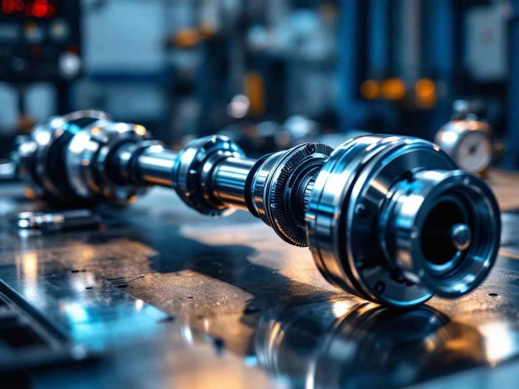 Automotive drive shaft met CV-gewrichten op industriële werkbank met meetinstrumenten op de achtergrond