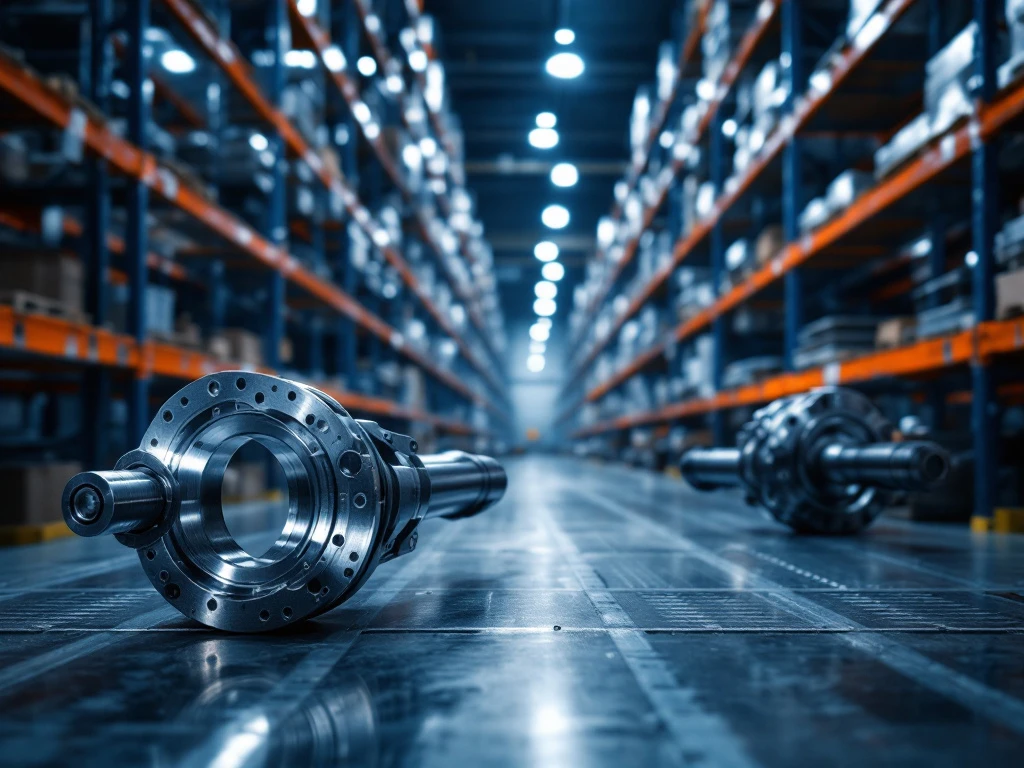 Automotive drive shafts en CV-verbindingen op industriële stellingen in magazijn met professionele verlichting
