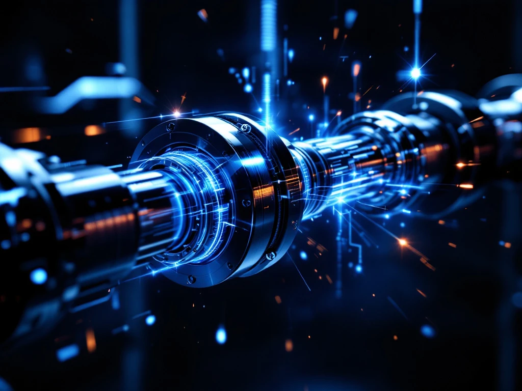 Chrome CV-gewricht en aandrijfas met futuristische blauwe digitale overlays en industriële studiobelichting