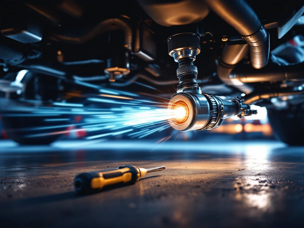 Aandrijfas met slijtage aan CV-gewricht onder auto, met professionele gereedschappen op garagevloer