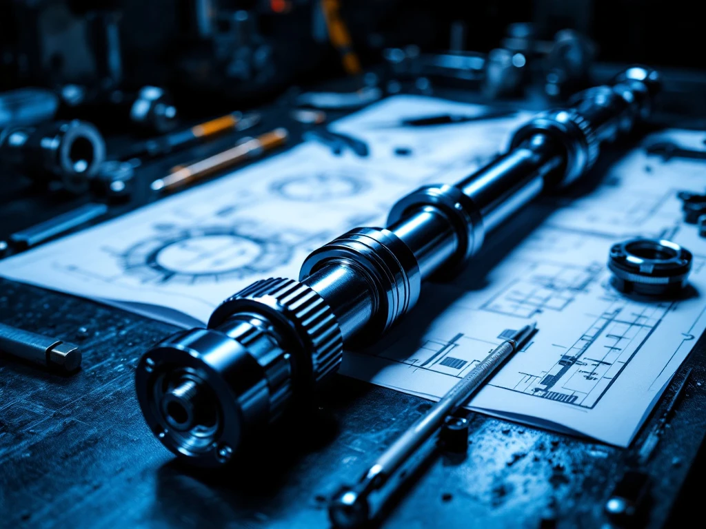 Chromen aandrijfas met CV-gewrichten op donkere werkbank omgeven door technische tekeningen en gereedschap