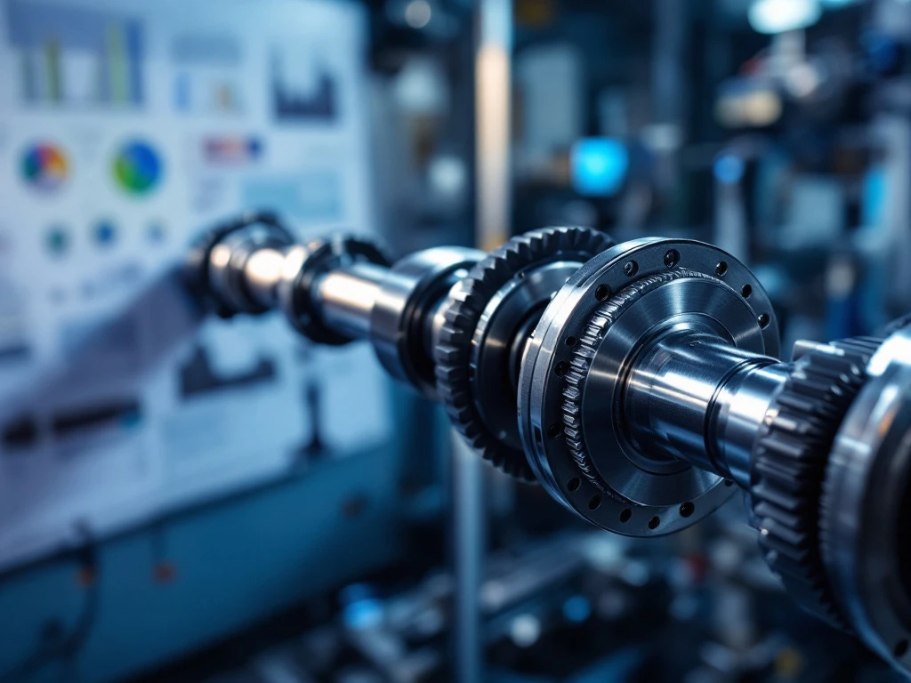 Gepolijste automotive aandrijfas met CV-gewrichten diagonaal gepositioneerd in industriële werkplaats met technische gereedschappen