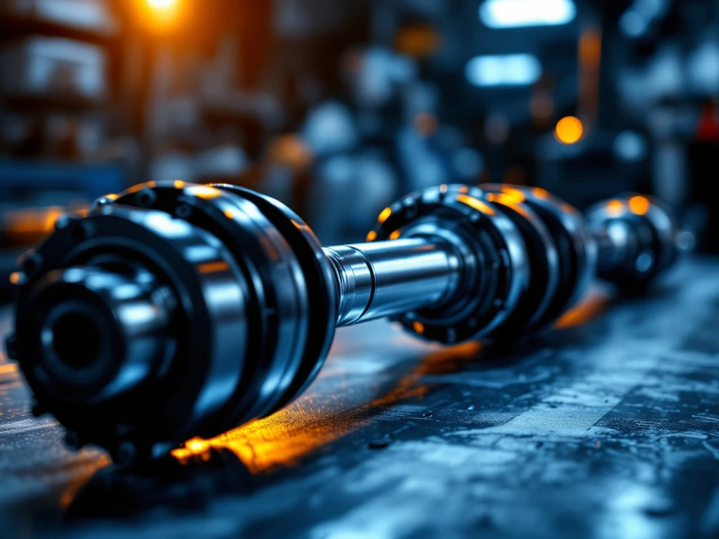 Automotive aandrijfas met CV-koppelingen op werkplaatstafel, dramatische verlichting toont precisie-engineering