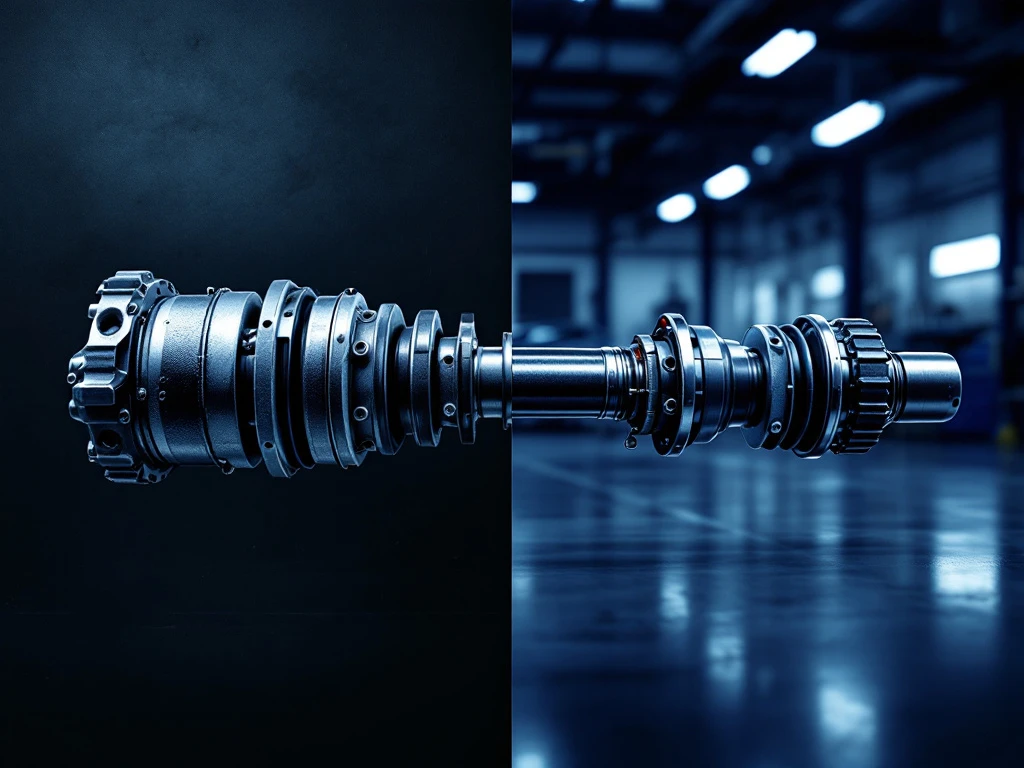 Vergelijking van twee aandrijfassen: robuuste industriële stalen as links, slanke auto-aandrijfas met CV-gewrichten rechts
