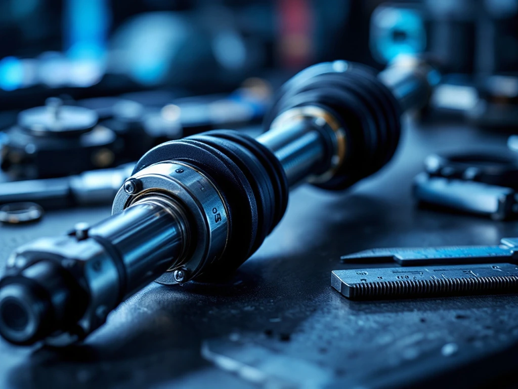 Automotive aandrijfas met OE-nummer, chroom CV-gewrichten en rubber hoezen in professionele werkplaats