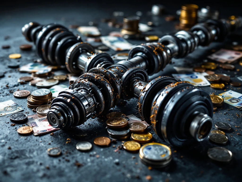 Beschadigde aandrijfas met versleten CV-gewrichten en gescheurde rubberen hoezen, omringd door eurobankbiljetten en munten