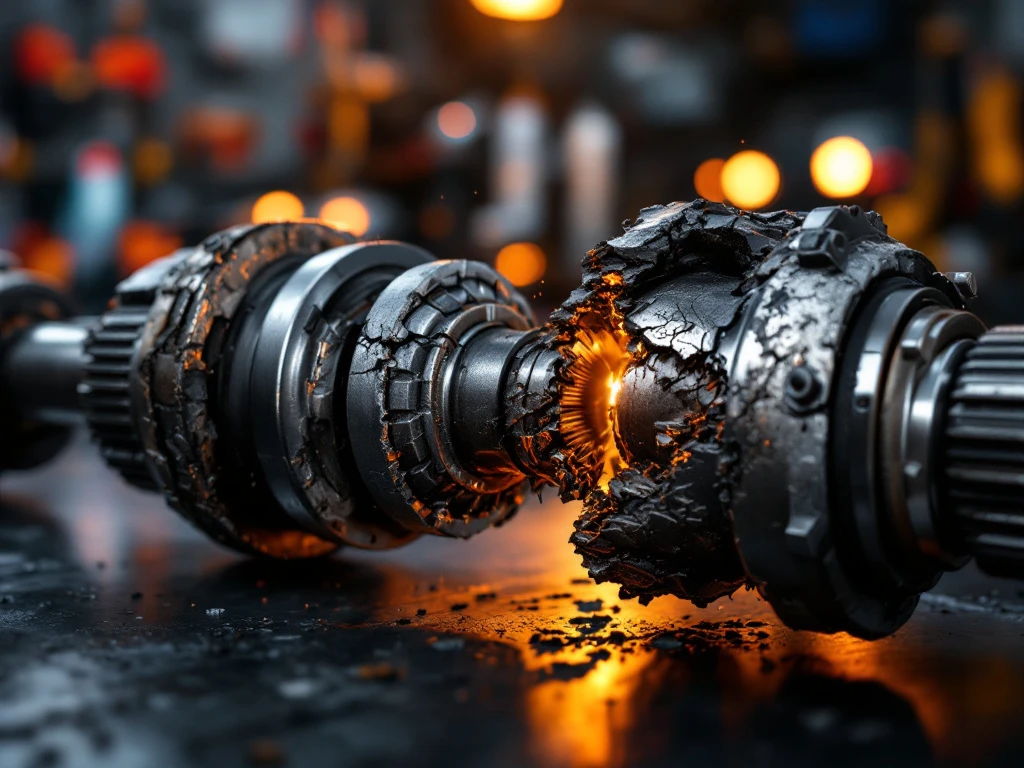 Beschadigde auto-aandrijfas met scheuren en metaalmoeheid in professionele werkplaats, toont repareerbare en onherstelbare delen