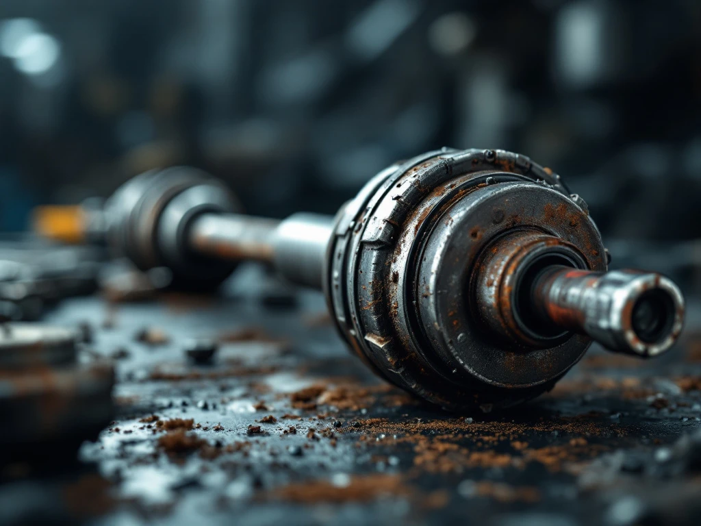 Beschadigde auto-aandrijfas met scheuren, roest en slijtage in professionele werkplaats met diagnostische verlichting