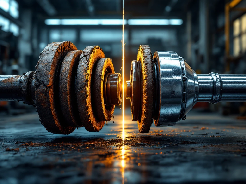 Versleten roestige aandrijfas naast glimmende nieuwe aandrijfas in professionele autowerkplaats met industriële verlichting