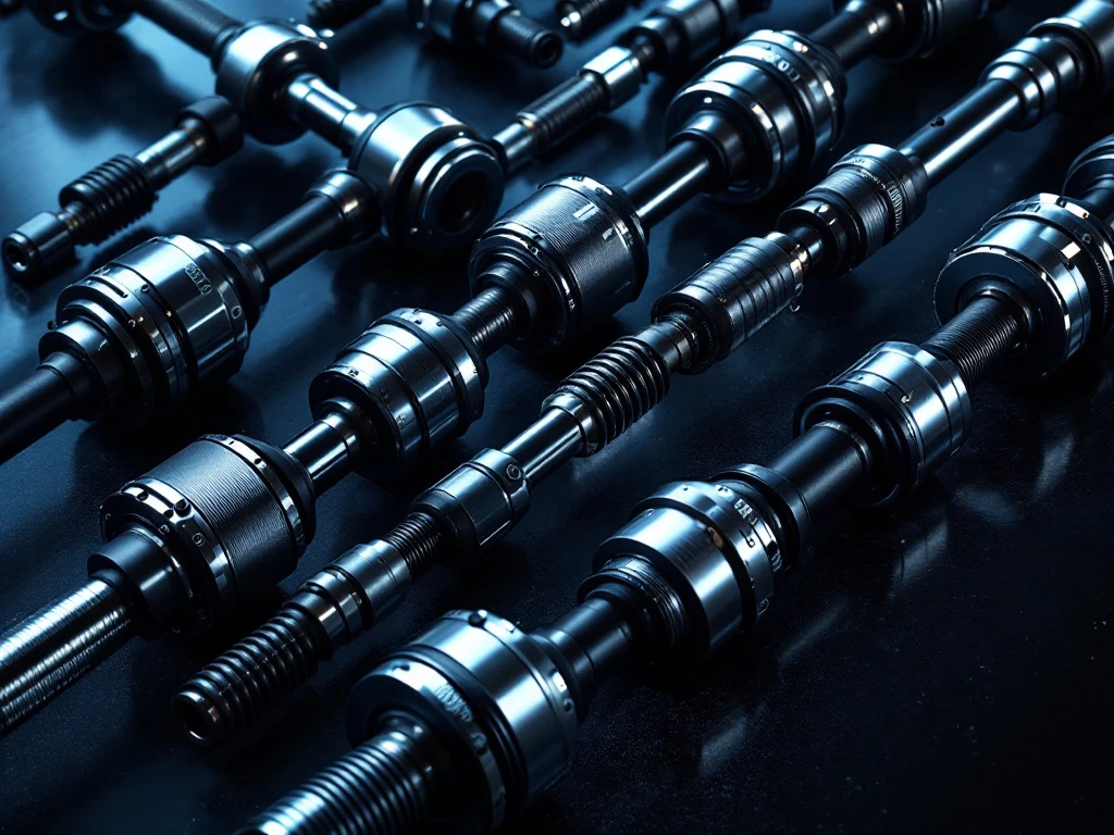 Industriële aandrijfassen met chromen CV-gewrichten diagonaal gerangschikt tegen metaalblauwe achtergrond