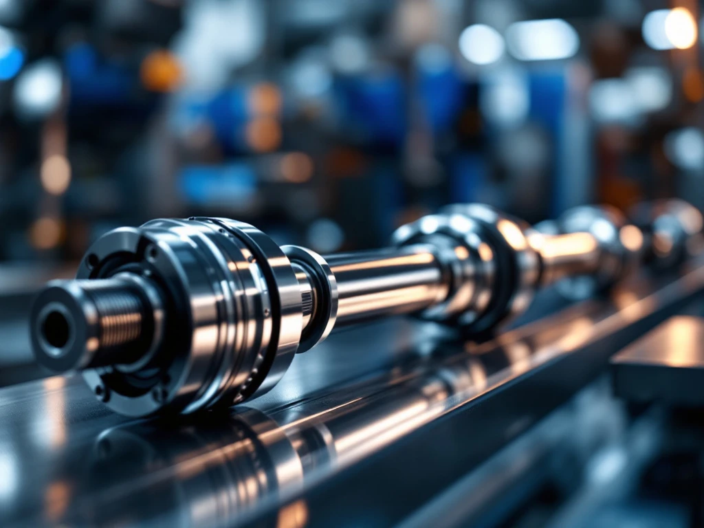 Aangepaste aandrijfas met chromen afwerking en CV-gewrichten in industriële werkplaats met dramatische studiobelichting