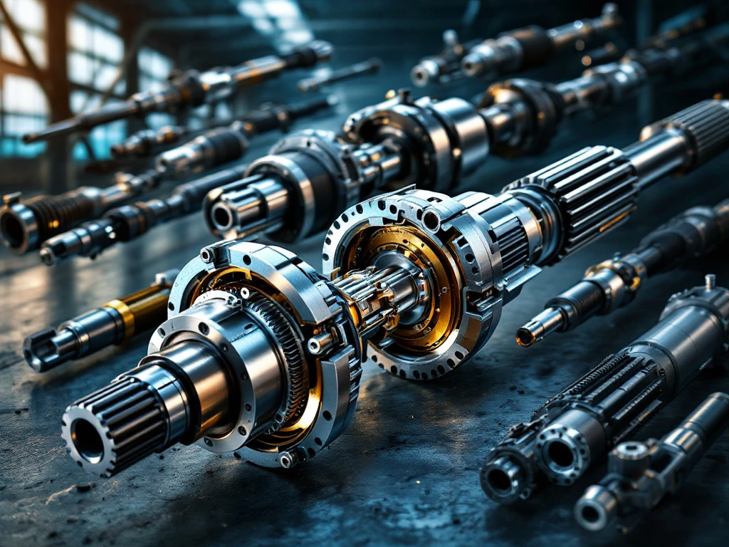 Doorsnede van automotive aandrijfassen met CV-gewrichten en splines tegen industriële achtergrond