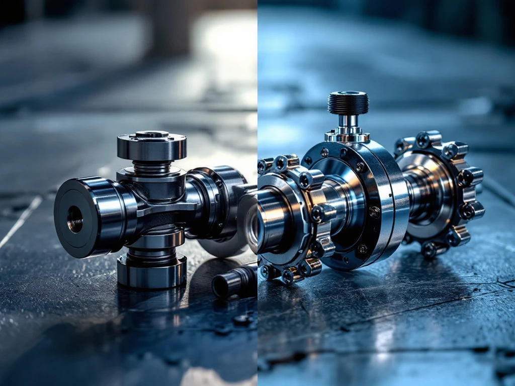 Vergelijking van kruiskoppeling en cardankoppeling op industriële ondergrond met dramatische belichting