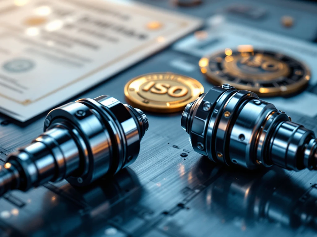 Automotive certificeringsdocumenten en kwaliteitsbadges met CV-verbindingen en aandrijfascomponenten op metalen oppervlak