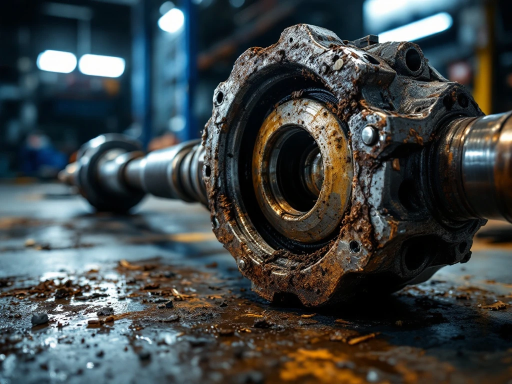Beschadigde auto-aandrijfas met slijtage en scheuren naast nieuwe reserveonderdelen in autowerkplaats