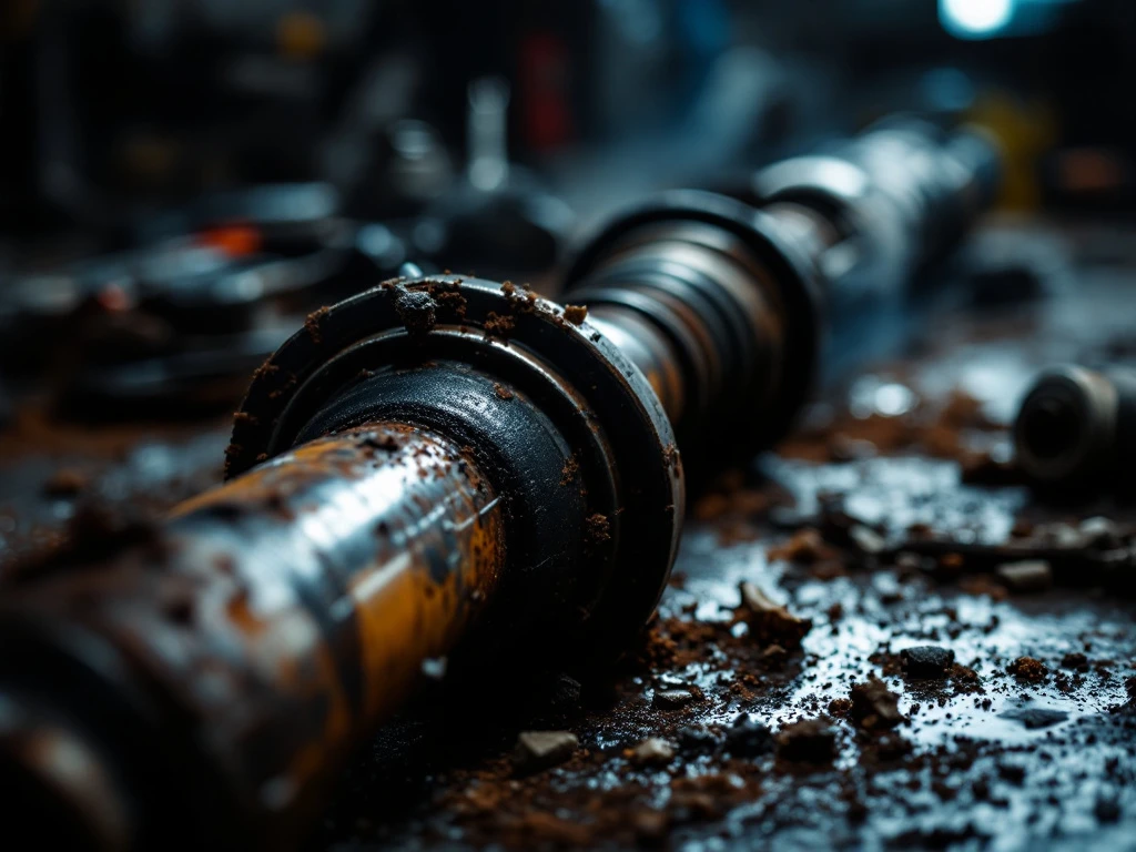 Beschadigde aandrijfas met slijtage, scheuren en roest in auto-werkplaats met gereedschap op achtergrond