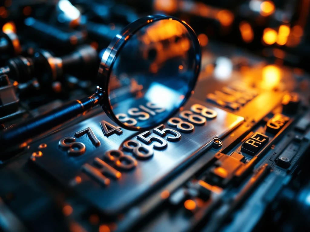 Metalen chassisnummerplaat met ingegraveerde tekens onder vergrootglas in autowerplaats met blauwe industriële verlichting