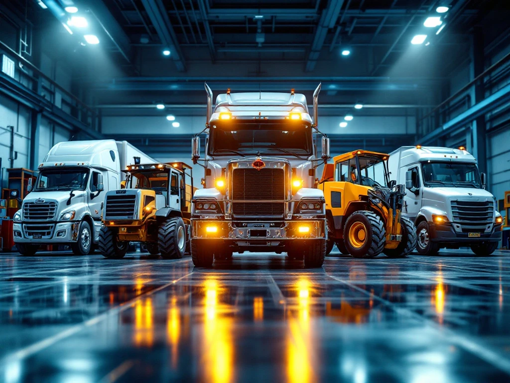 Bedrijfsvoertuigen met zichtbare aandrijfcomponenten en chromen aandrijfassen onder studiolicht op industriële achtergrond