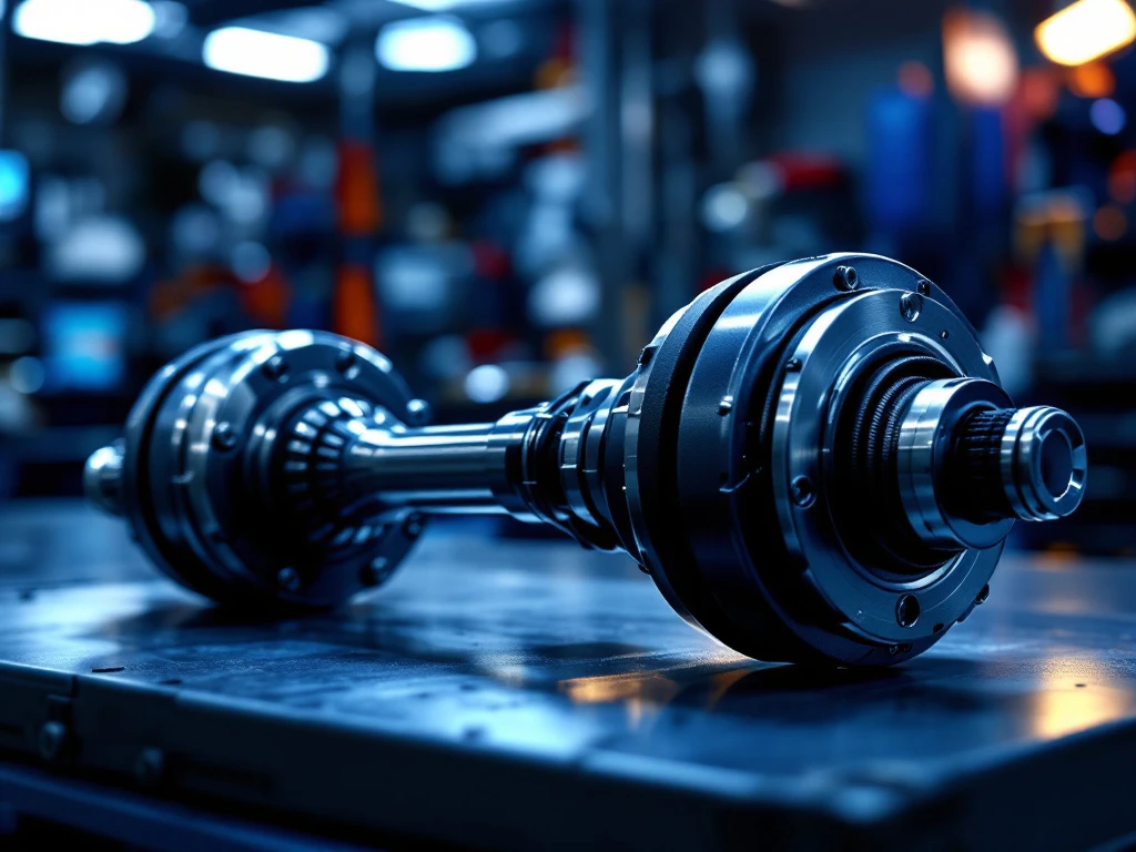 CV-as met glanzende metalen gewrichten en rubberen hoezen op autowerkplaats, professionele verlichting toont precisie-onderdelen
