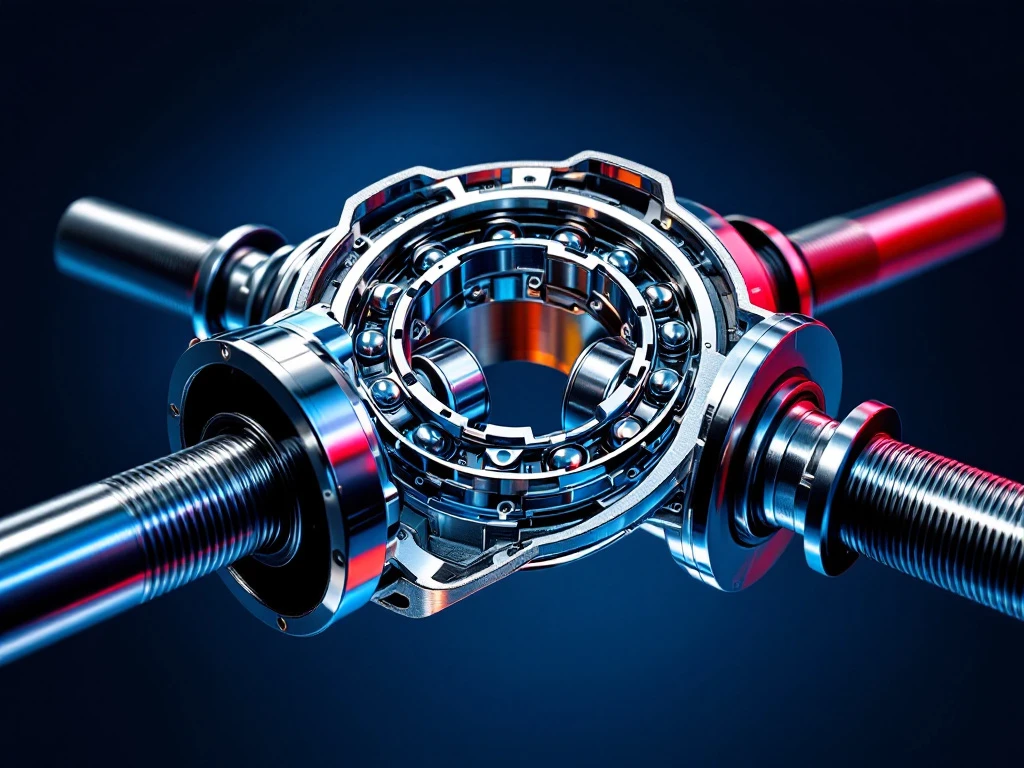 CV-gewricht doorsnede met zichtbare kogellagers, kooi en chroom aandrijfassen tegen blauwe achtergrond