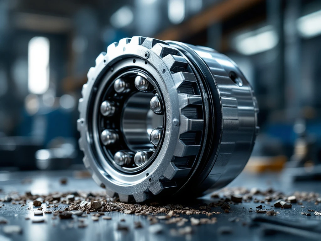 Chrome CV-gewricht met kogellagers en kooiconstructie in close-up, getoond in automotive werkplaats met dramatische belichting