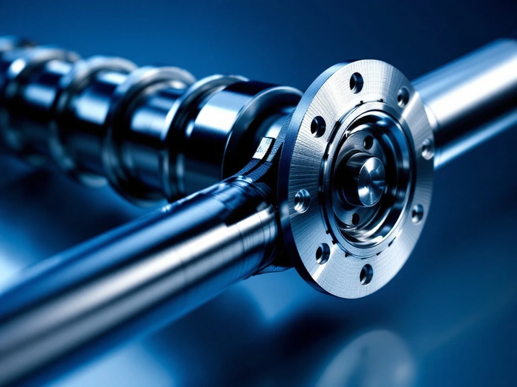 Precisie-geëngineeerde industriële aandrijfas van gepolijst staal met splines en gewrichten tegen blauwe achtergrond