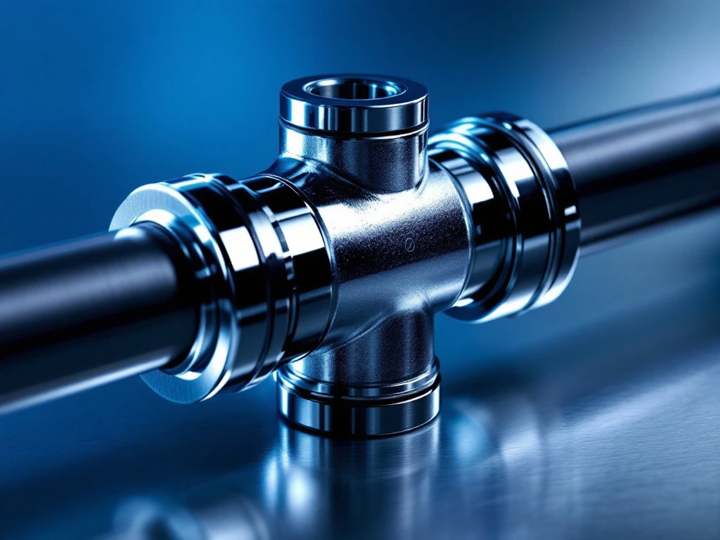 Chrome kruiskoppeling van een aandrijfas met vier lagerdoppen tegen blauwe achtergrond, professioneel verlicht