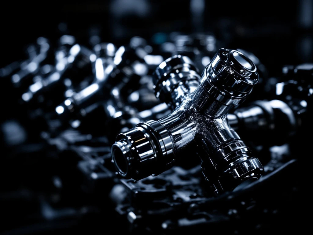 Chrome kruiskoppelingen met spiegelende oppervlakken tegen donkere industriële achtergrond, dramatische belichting