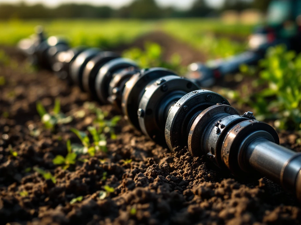 Robuuste landbouw aandrijfas met kruiskoppelingen tegen onscherpe achtergrond van groene akkers en moderne landbouwmachines.