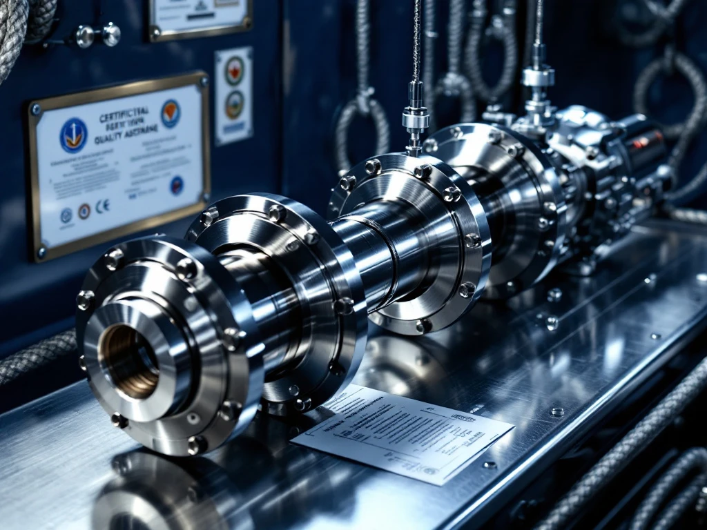 Roestvrijstalen scheepsaandrijfas met flensen en koppelingsmechanismen, certificatieplaatjes en kwaliteitsdocumenten zichtbaar
