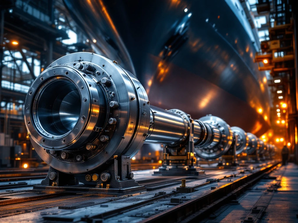 Massieve scheepsschroefas van roestvrij staal in droogdok met industriële verlichting en scheepsromp op achtergrond