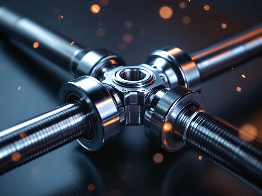 Chrome universeel gewricht met kruisvormig mechanisme verbindt twee gepolijste stalen aandrijfassen tegen blauwe achtergrond