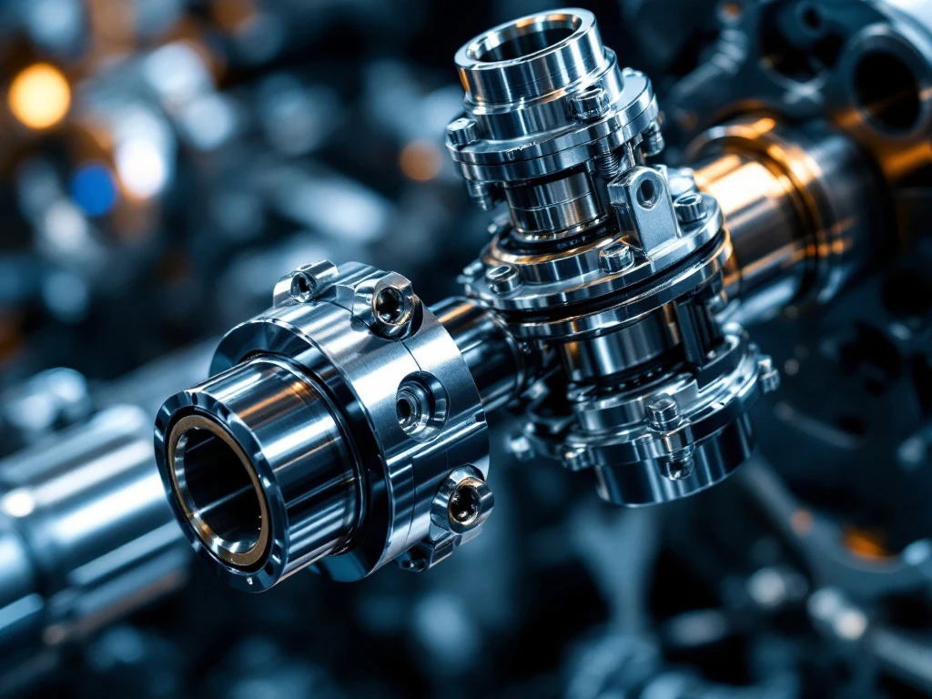 Chrome universeel koppelstuk met kruisvormige lagers in beweging, dramatische industriële verlichting op gepolijst metaal