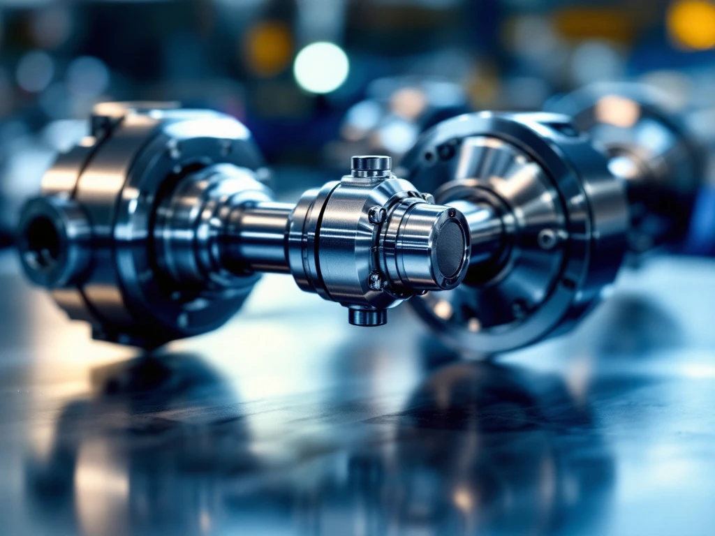 Close-up van chromen cardan kruiskoppeling met dramatische industriële verlichting in automotive werkplaats