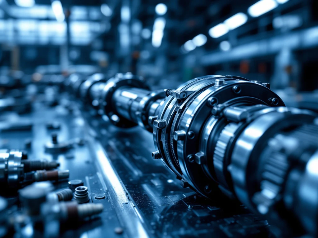 Professionele close-up van vrachtwagen cardanas met chromen kruiskoppelingen tegen industriële achtergrond