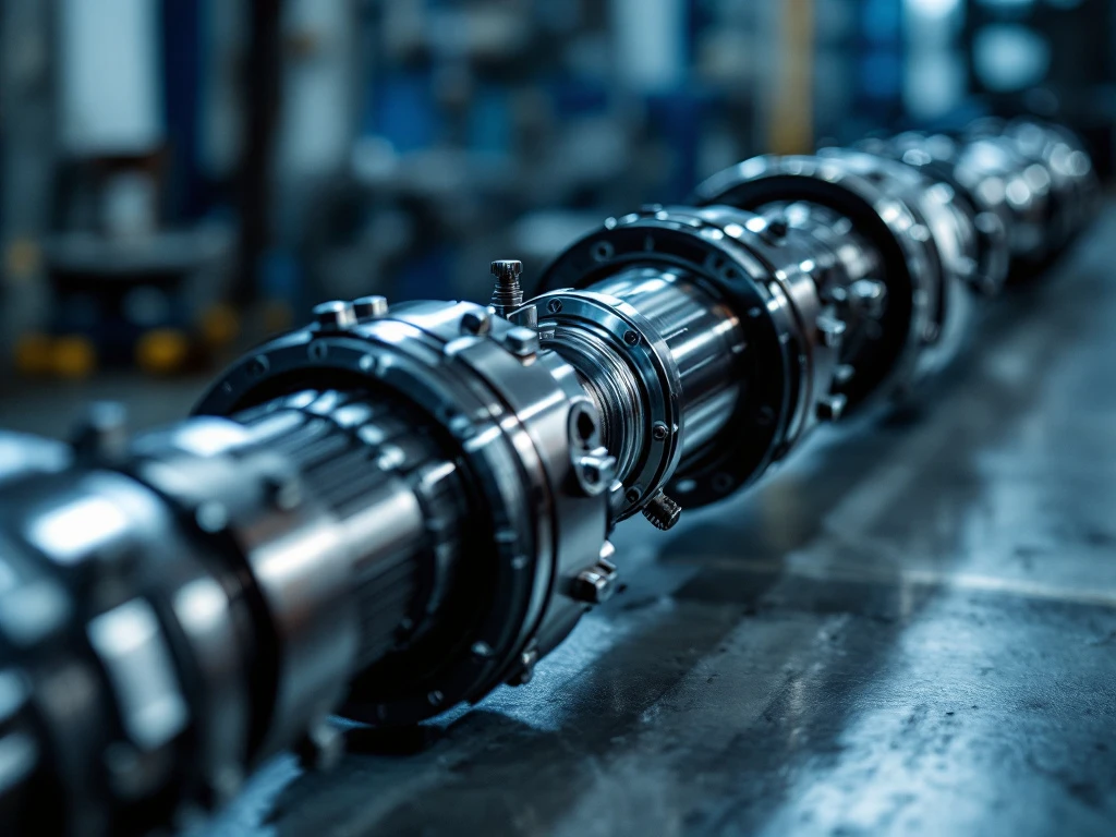 Vrachtwagen aandrijfas met chromen kruiskoppelingen en precisie-onderdelen in industriële werkplaats