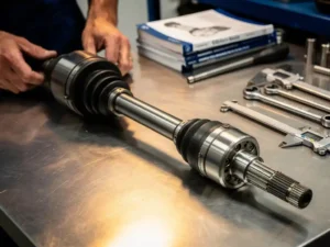Precisie-vervaardigde aandrijfas voor Mercedes Vito op werkbank met diagnostische gereedschappen en technische handleidingen