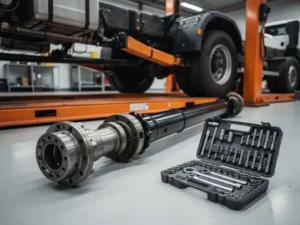 Volvo FH cardanas op workshopvloer naast gereedschapsset, vrachtwagenchassis op hydraulische lift op achtergrond.