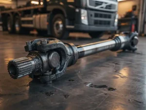 Beschadigde cardanas van een Volvo FM vrachtwagen op workshopvloer, met zichtbare slijtage aan kruiskoppelingen en smeervlekken.