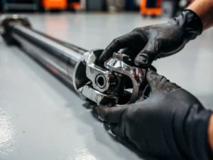 Monteur inspecteert het kruiskoppeling van een Volvo FM aandrijfas in een werkplaats.