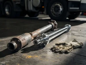 Versleten aandrijfas van Volvo FM vrachtwagen naast nieuwe vervangingsas op betonnen werkplaatsvloer, met vettige monteurhandschoenen.